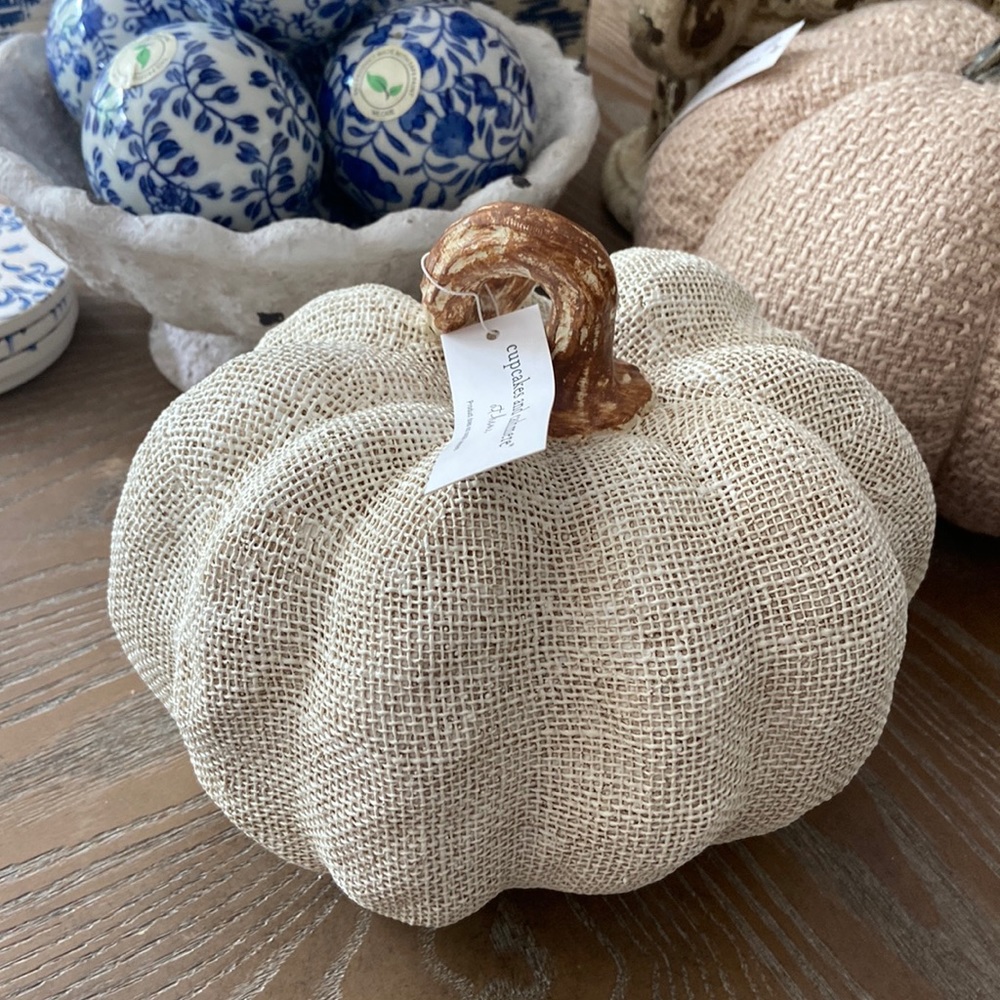 NEW! Shabby Chic Fall Autumn Harvest Creamy White Burlap Textured Resin Pumpkin - Picture 6 of 7